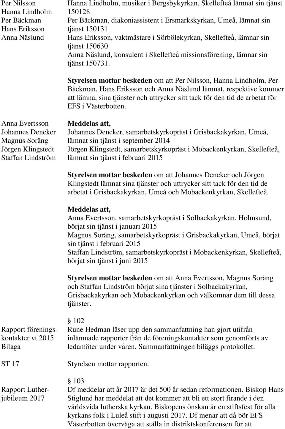 Styrelsen mottar beskeden om att Per Nilsson, Hanna Lindholm, Per Bäckman, Hans Eriksson och Anna Näslund lämnat, respektive kommer att lämna, sina tjänster och uttrycker sitt tack för den tid de