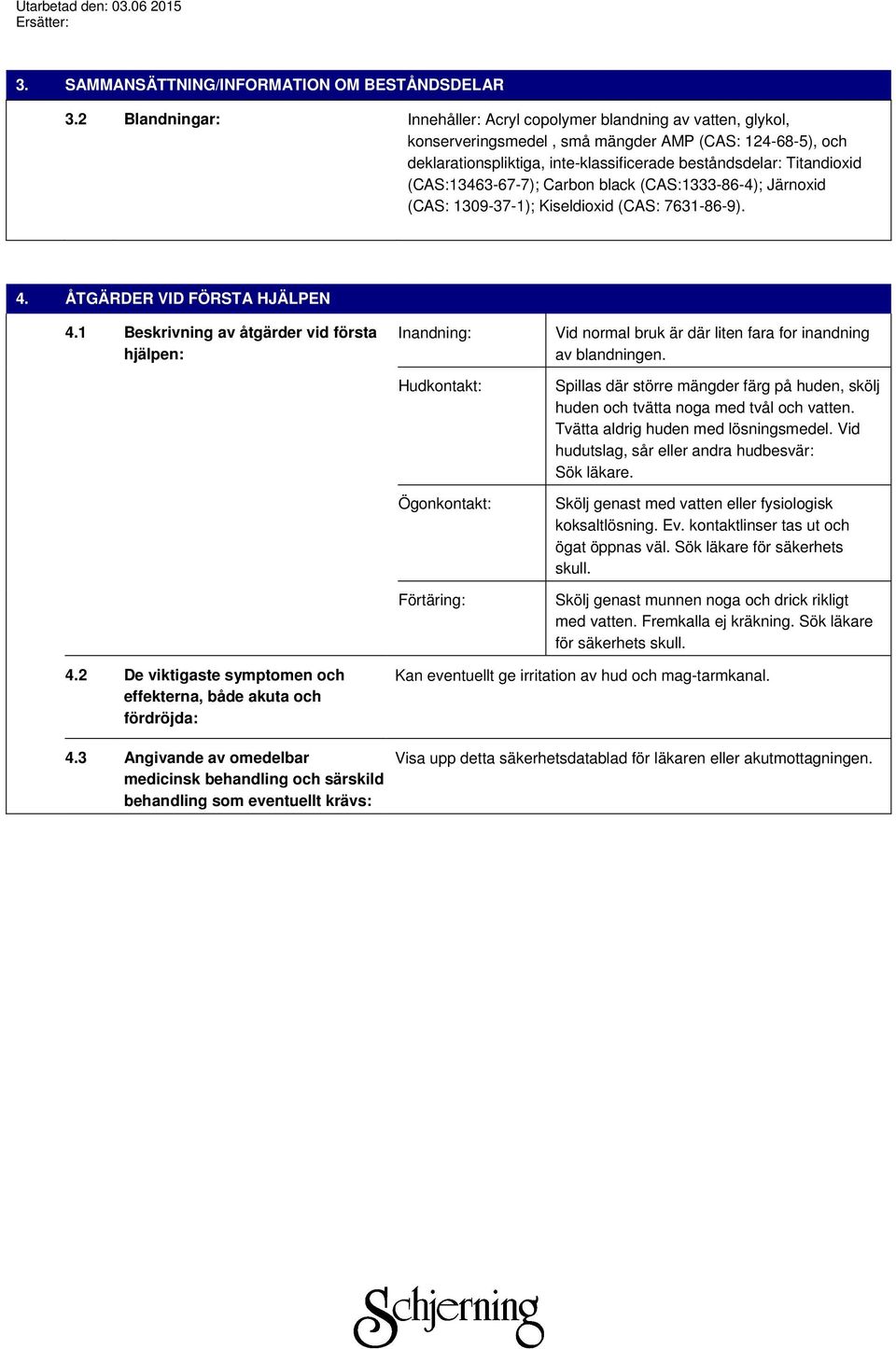 (CAS:13463-67-7); Carbon black (CAS:1333-86-4); Järnoxid (CAS: 1309-37-1); Kiseldioxid (CAS: 7631-86-9). 4. ÅTGÄRDER VID FÖRSTA HJÄLPEN 4.