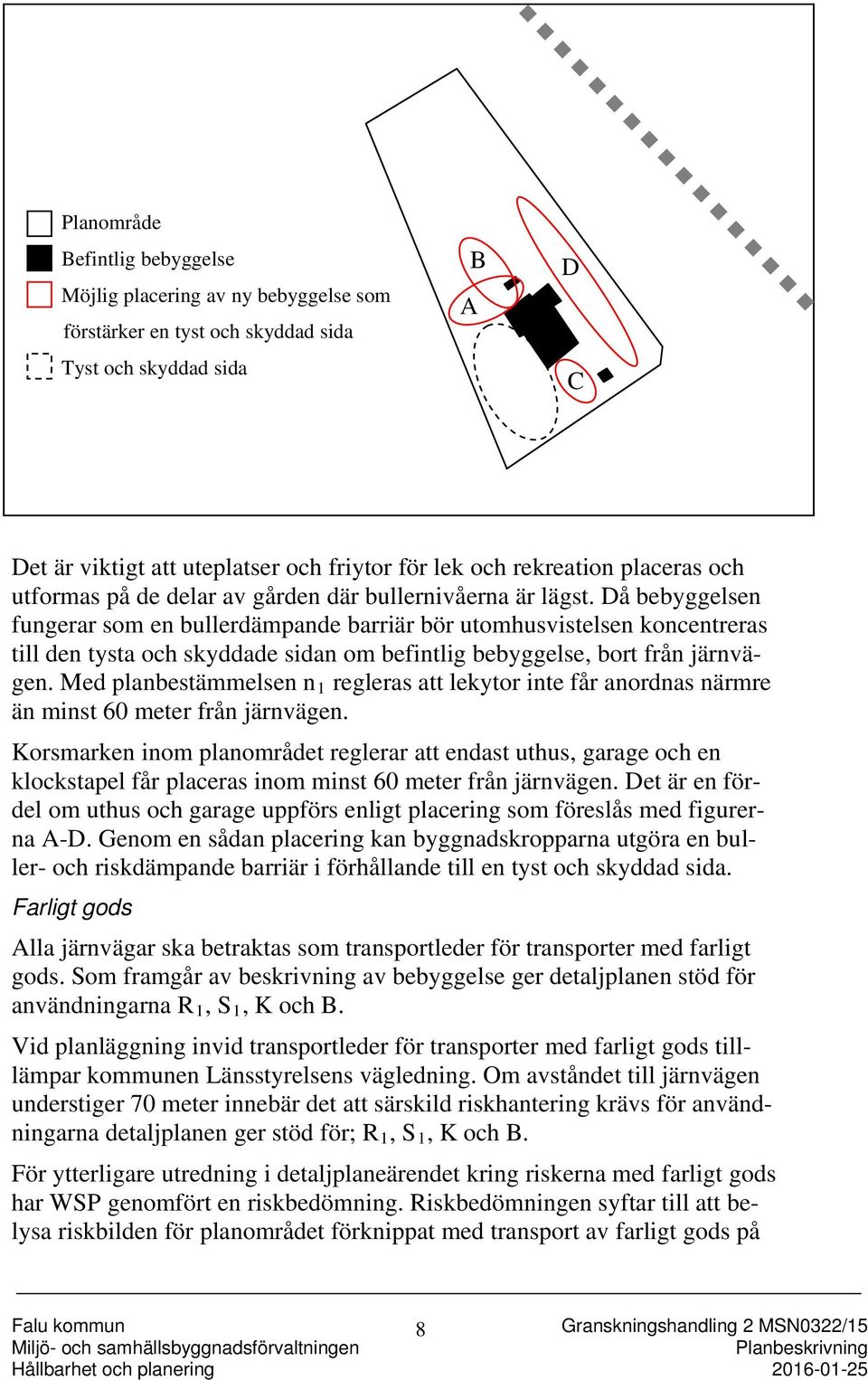 Då bebyggelsen fungerar som en bullerdämpande barriär bör utomhusvistelsen koncentreras till den tysta och skyddade sidan om befintlig bebyggelse, bort från järnvägen.