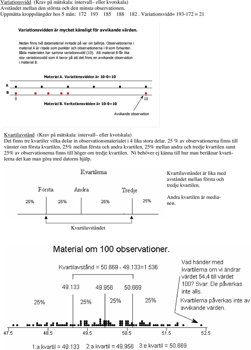 25 % av observationerna finns till vänster om första kvartilen, 25% mellan första och andra kvartilen, 25% mellan andra och tredje kvartilen samt 25% av observationerna finns till höger om