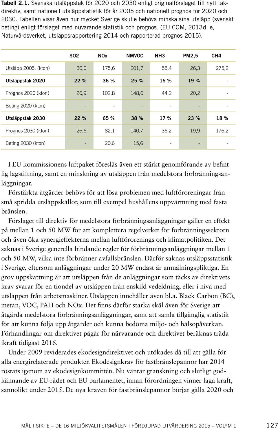 (EU COM, 2013d, e, Naturvårdsverket, utsläppsrapportering 2014 och rapporterad prognos 2015).
