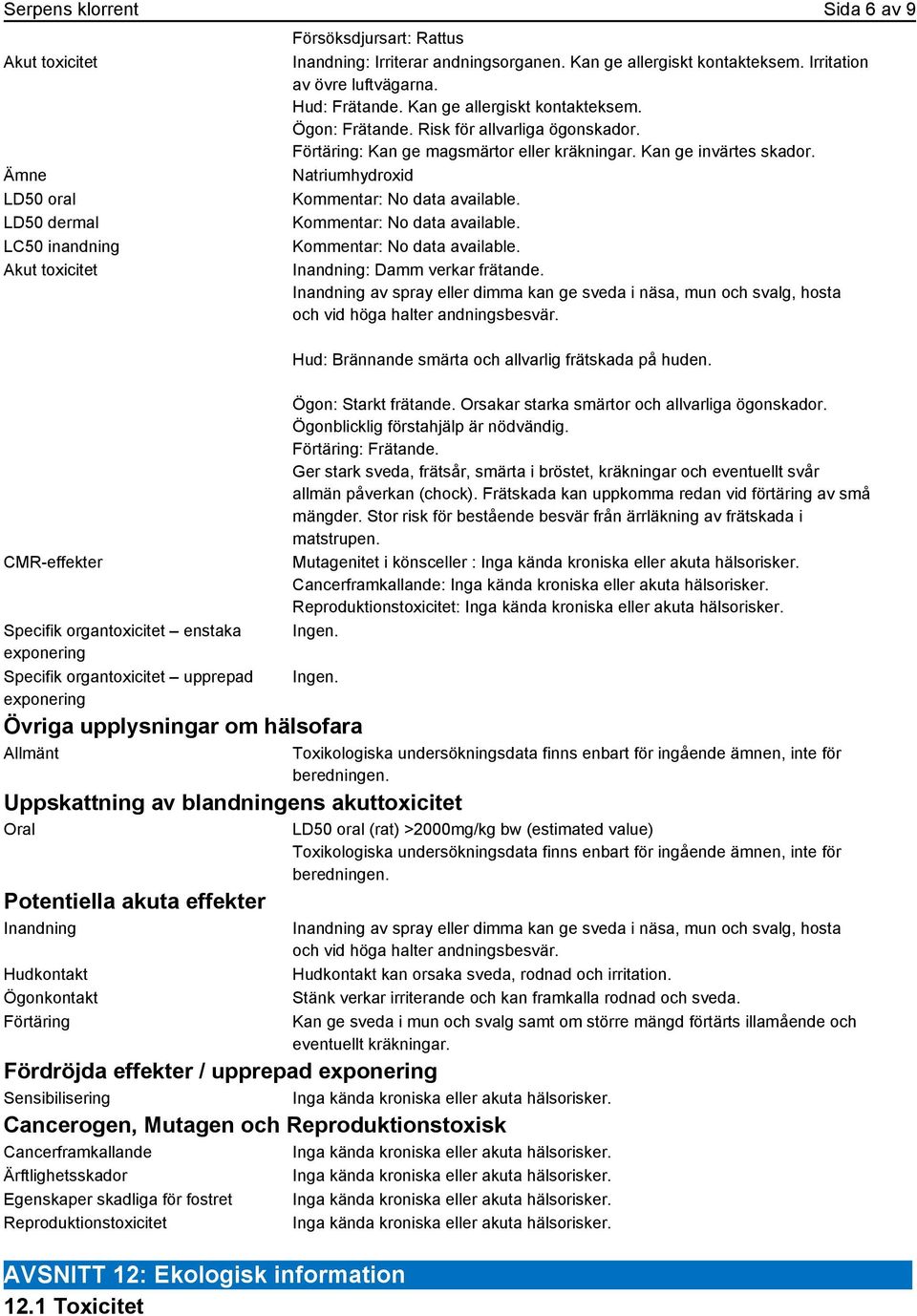 Risk för allvarliga ögonskador. Förtäring: Kan ge magsmärtor eller kräkningar. Kan ge invärtes skador. Natriumhydroxid Kommentar: No data available. Kommentar: No data available. Kommentar: No data available. Inandning: Damm verkar frätande.