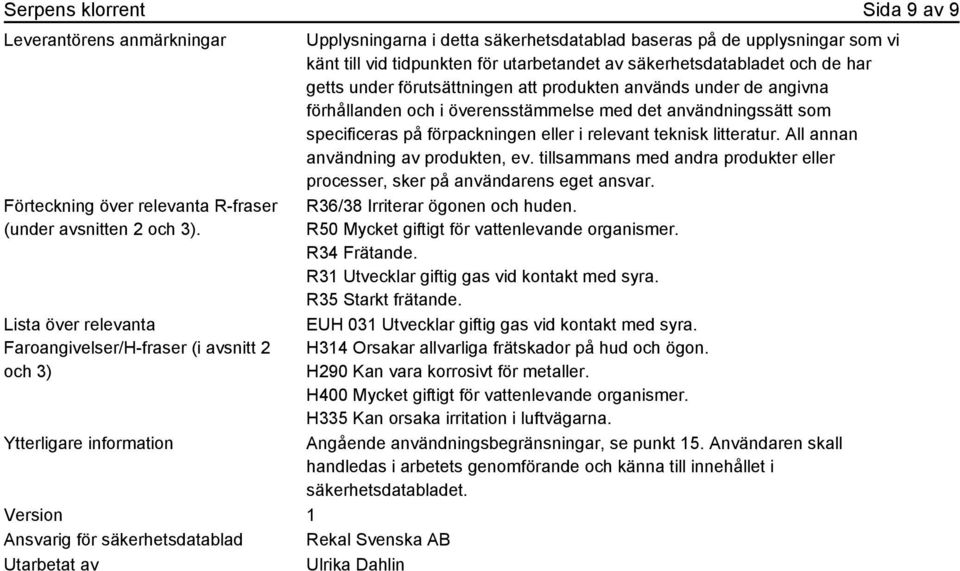 säkerhetsdatablad baseras på de upplysningar som vi känt till vid tidpunkten för utarbetandet av säkerhetsdatabladet och de har getts under förutsättningen att produkten används under de angivna