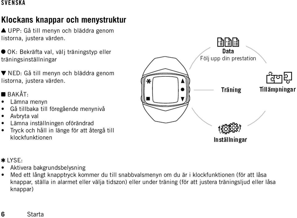 BAKÅT: Lämna menyn Gå tillbaka till föregående menynivå Avbryta val Lämna inställningen oförändrad Tryck och håll in länge för att återgå till klockfunktionen