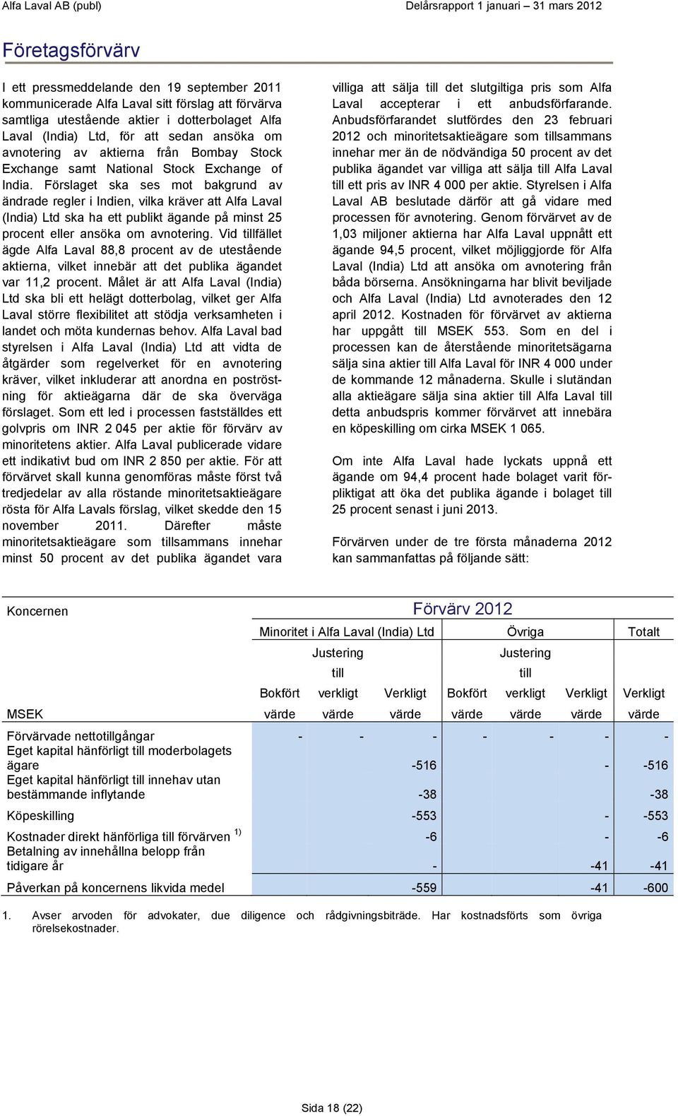 Förslaget ska ses mot bakgrund av ändrade regler i Indien, vilka kräver att Alfa Laval (India) Ltd ska ha ett publikt ägande på minst 25 procent eller ansöka om avnotering.