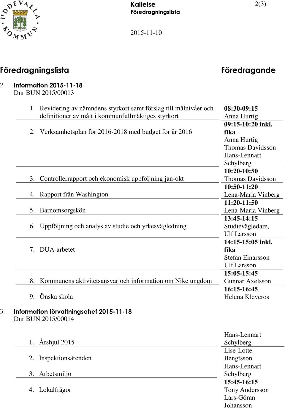 Controllerrapport och ekonomisk uppföljning jan-okt 4. Rapport från Washington 5. Barnomsorgskön 6. Uppföljning och analys av studie och yrkesvägledning 7. DUA-arbetet 8.