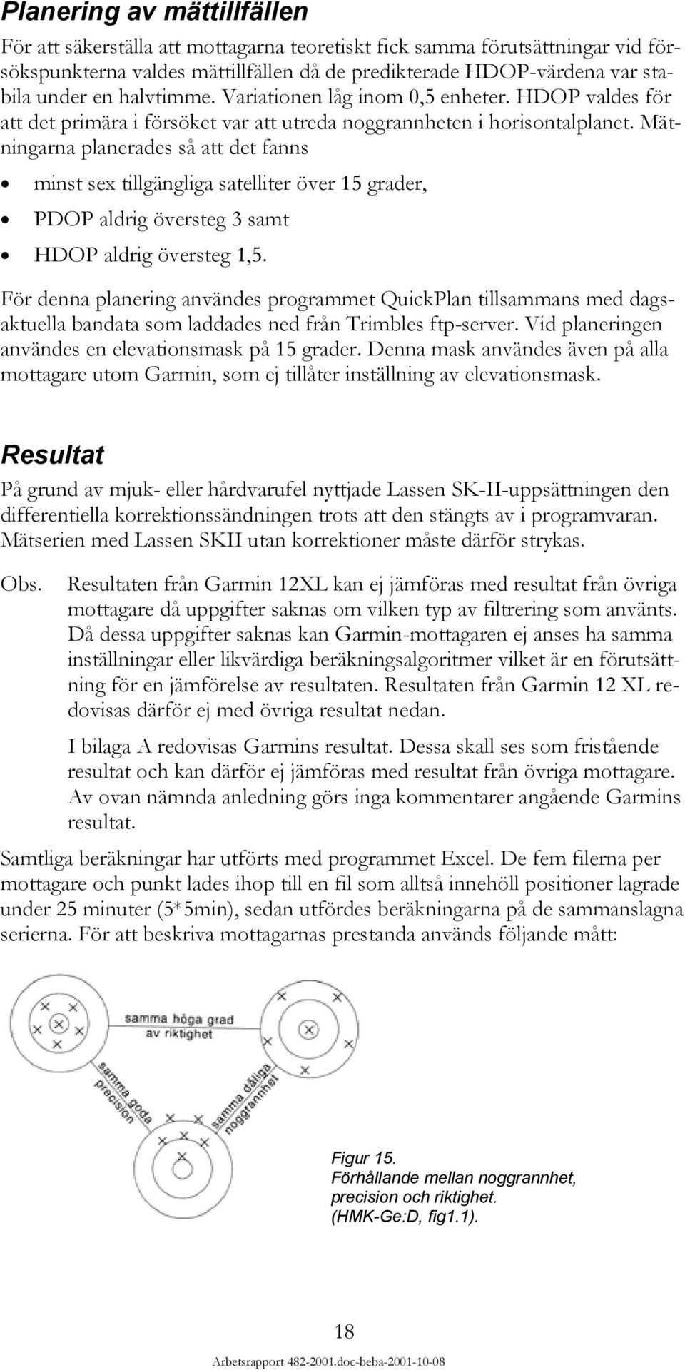 Mätningarna planerades så att det fanns minst sex tillgängliga satelliter över 15 grader, PDOP aldrig översteg 3 samt HDOP aldrig översteg 1,5.