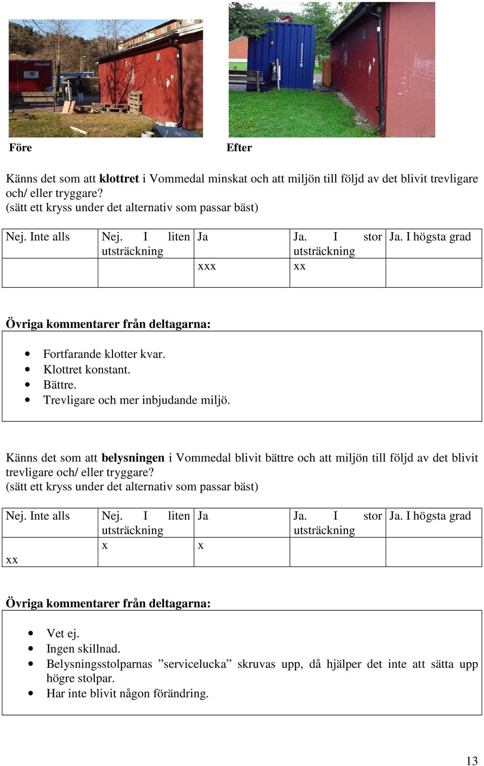 Känns det som att belysningen i Vommedal blivit bättre att miljön till följd av det blivit trevligare / eller tryggare? (sätt ett kryss under det alternativ som passar bäst) Nej. Inte alls Nej.