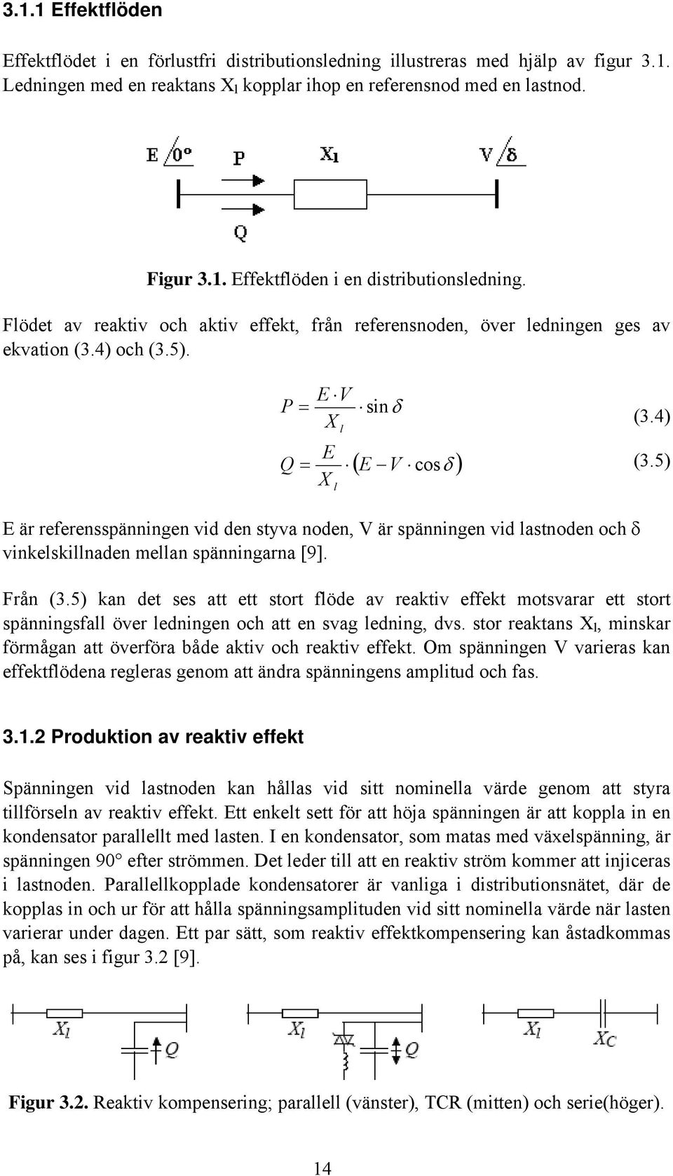 5) E är referensspänningen vid den styva noden, V är spänningen vid lastnoden och δ vinkelskillnaden mellan spänningarna [9]. Från (3.