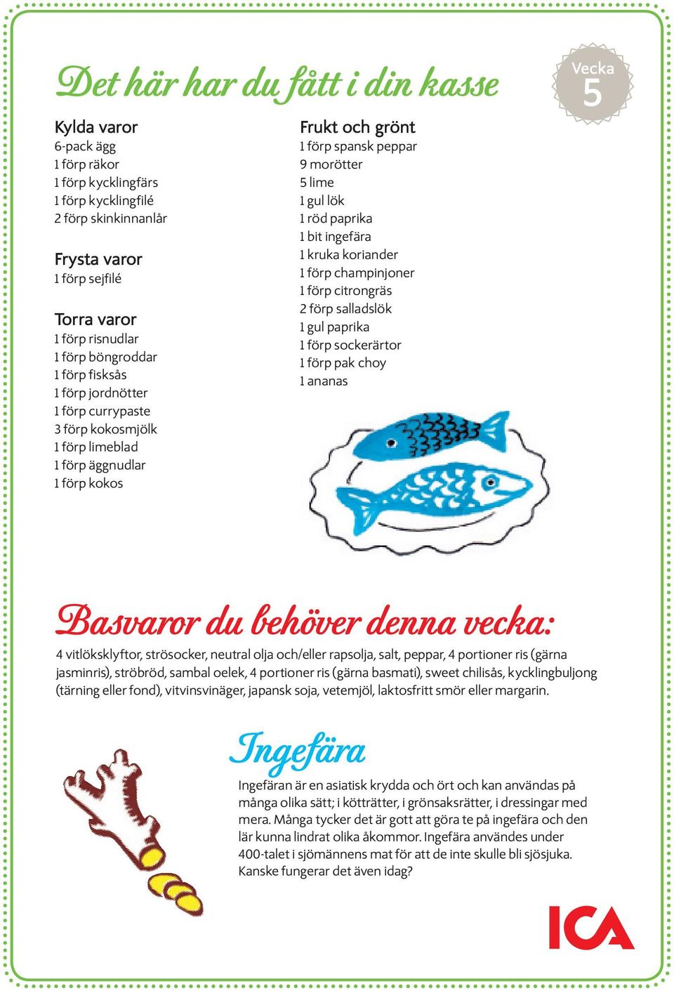 paprika 1 bit ingefära 1 kruka koriander 1 förp champinjoner 1 förp citrongräs 2 förp salladslök 1 gul paprika 1 förp sockerärtor 1 förp pak choy 1 ananas Vecka 5 Basvaror du behöver denna vecka: 4