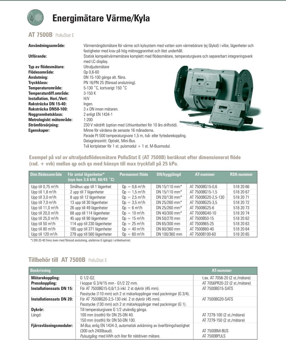 /Vert: Raksträcka DN 15-40: Raksträcka DN50-100: Noggrannhetsklass: Metrologiskt mätområde: Strömförsörjning: Egenskaper: Värmemängdsmätare för värme och kylsystem med vatten som värmebärare (ej
