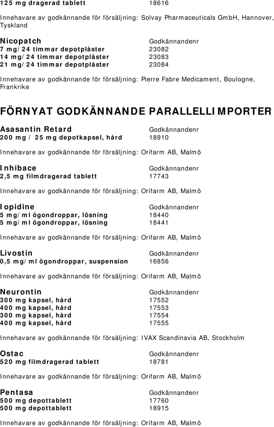 depotkapsel, hård 18910 Inhibace 2,5 mg filmdragerad tablett 17743 Iopidine 5 mg/ml ögondroppar, lösning 18440 5 mg/ml ögondroppar, lösning 18441 Livostin 0,5 mg/ml ögondroppar, suspension 16856