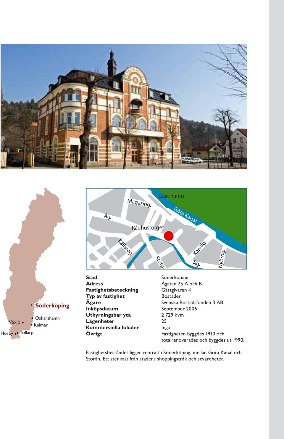 fastighet Bostäder Ägare Svenska Bostadsfonden 3 AB Inköpsdatum September 2006 Uthyrningsbar yta 2 729 kvm Lägenheter 25