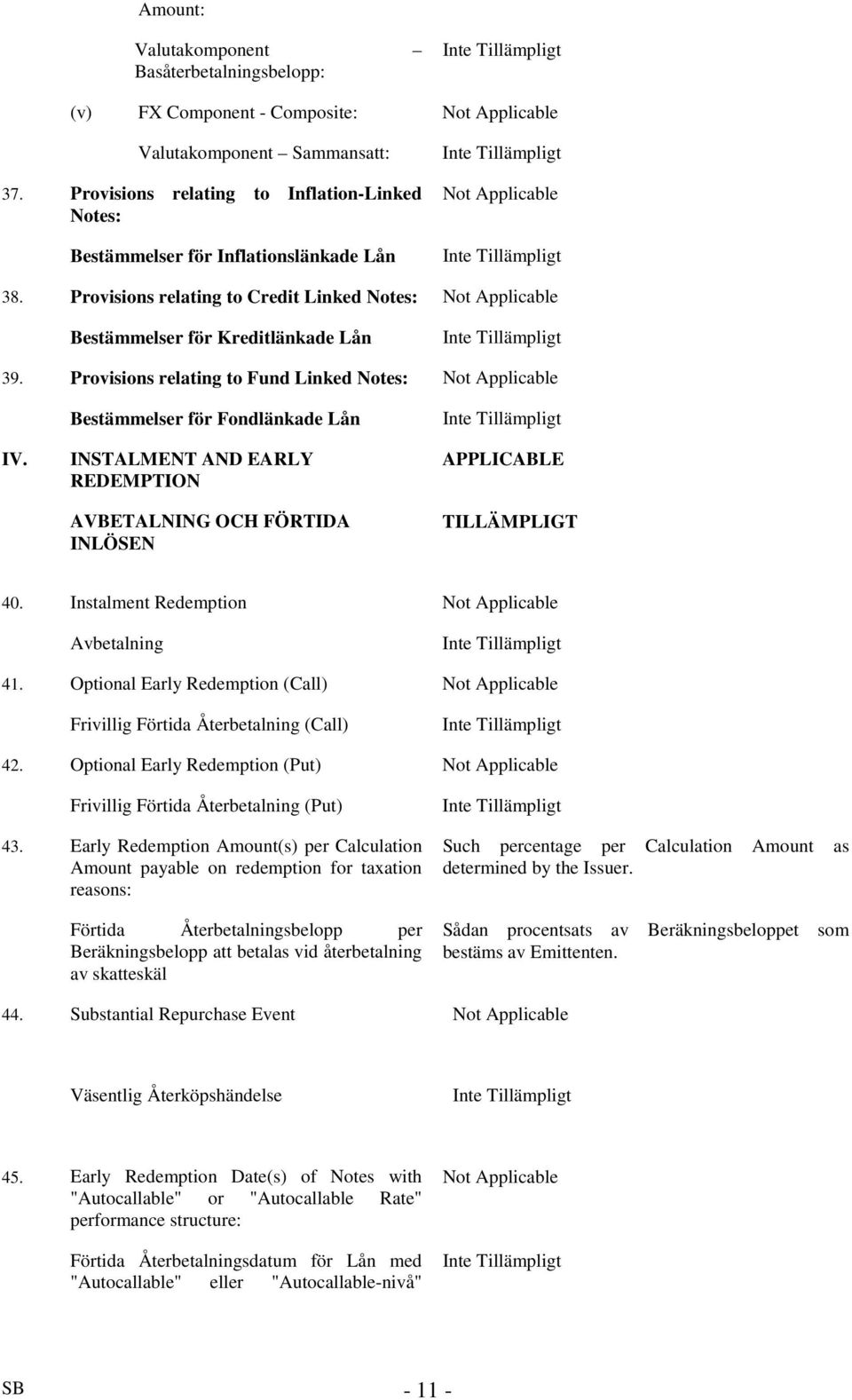 Provisions relating to Credit Linked Notes: Not Applicable Bestämmelser för Kreditlänkade Lån 39. Provisions relating to Fund Linked Notes: Not Applicable IV.