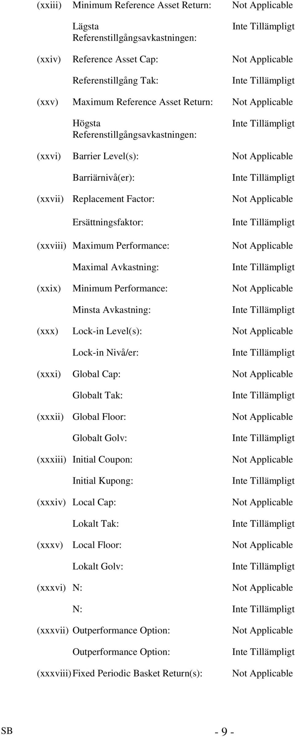 Avkastning: Not Applicable Not Applicable (xxix) Minimum Performance: Not Applicable Minsta Avkastning: (xxx) Lock-in Level(s): Not Applicable Lock-in Nivå/er: (xxxi) Global Cap: Not Applicable