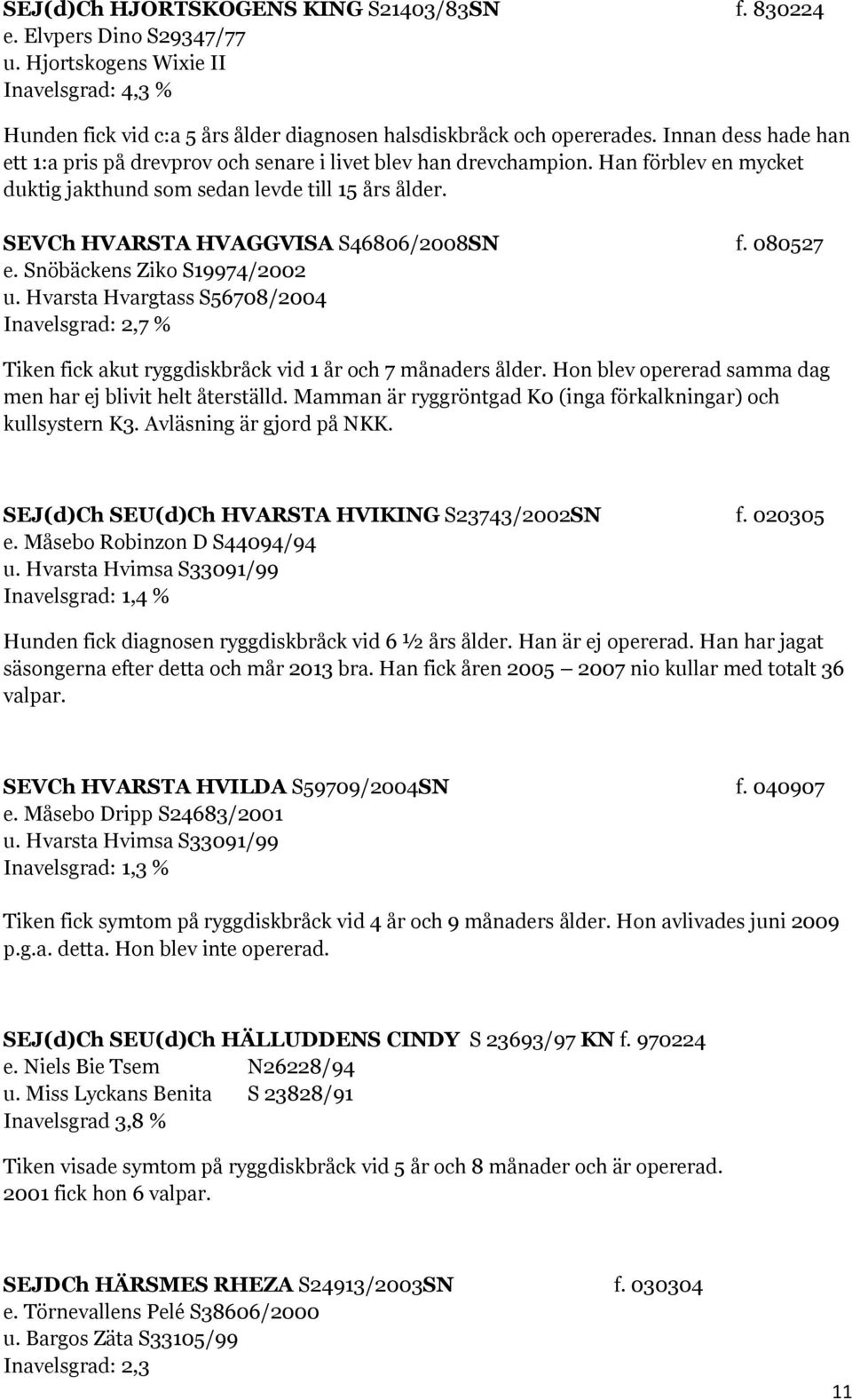 080527 e. Snöbäckens Ziko S19974/2002 u. Hvarsta Hvargtass S56708/2004 Inavelsgrad: 2,7 % Tiken fick akut ryggdiskbråck vid 1 år och 7 månaders ålder.