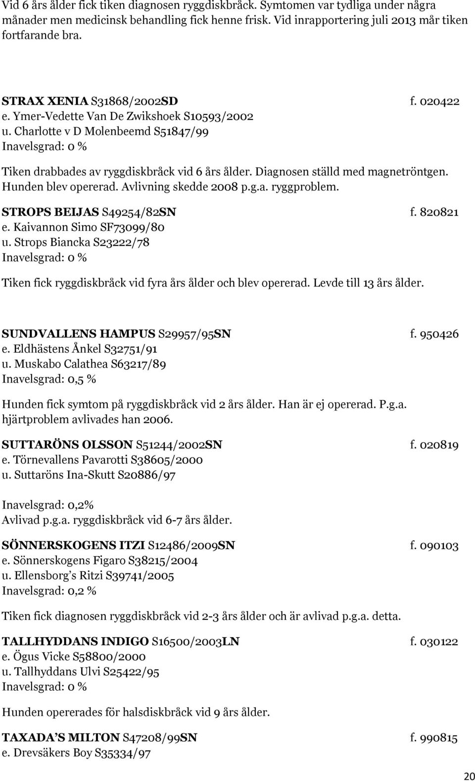 Diagnosen ställd med magnetröntgen. Hunden blev opererad. Avlivning skedde 2008 p.g.a. ryggproblem. STROPS BEIJAS S49254/82SN f. 820821 e. Kaivannon Simo SF73099/80 u.