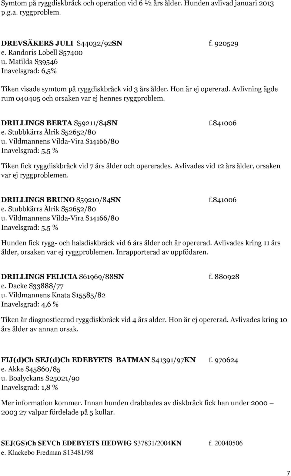 DRILLINGS BERTA S59211/84SN f.841006 e. Stubbkärrs Ålrik S52652/80 u. Vildmannens Vilda-Vira S14166/80 Inavelsgrad: 5,5 % Tiken fick ryggdiskbråck vid 7 års ålder och opererades.