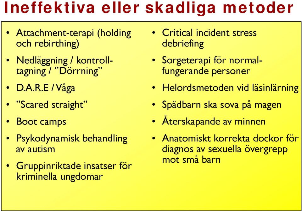 E / Våga Scared straight Boot camps Psykodynamisk y behandling av autism Gruppinriktade insatser för kriminella