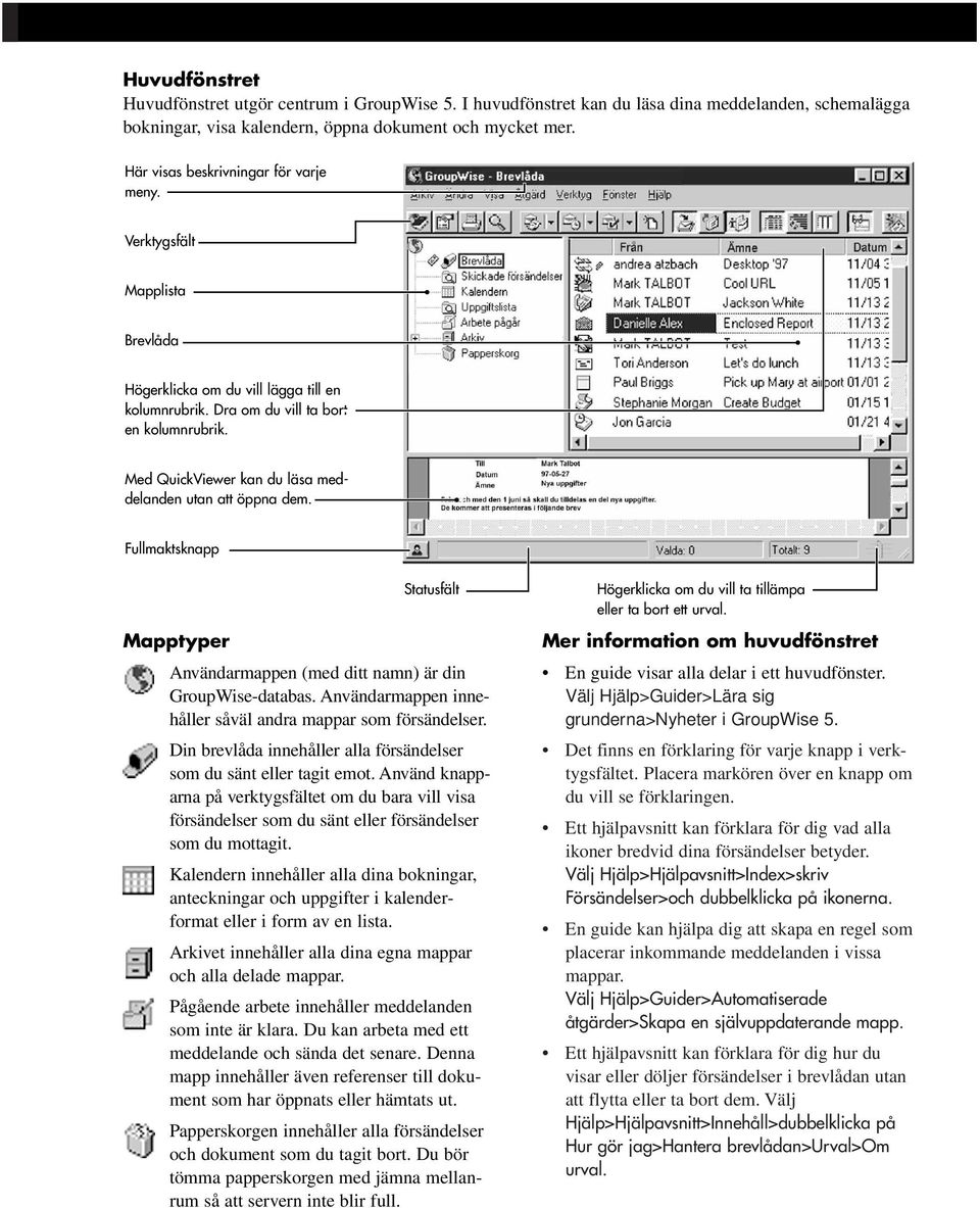 Med QuickViewer kan du läsa meddelanden utan att öppna dem. Fullmaktsknapp Statusfält Mapptyper Användarmappen (med ditt namn) är din GroupWise-databas.