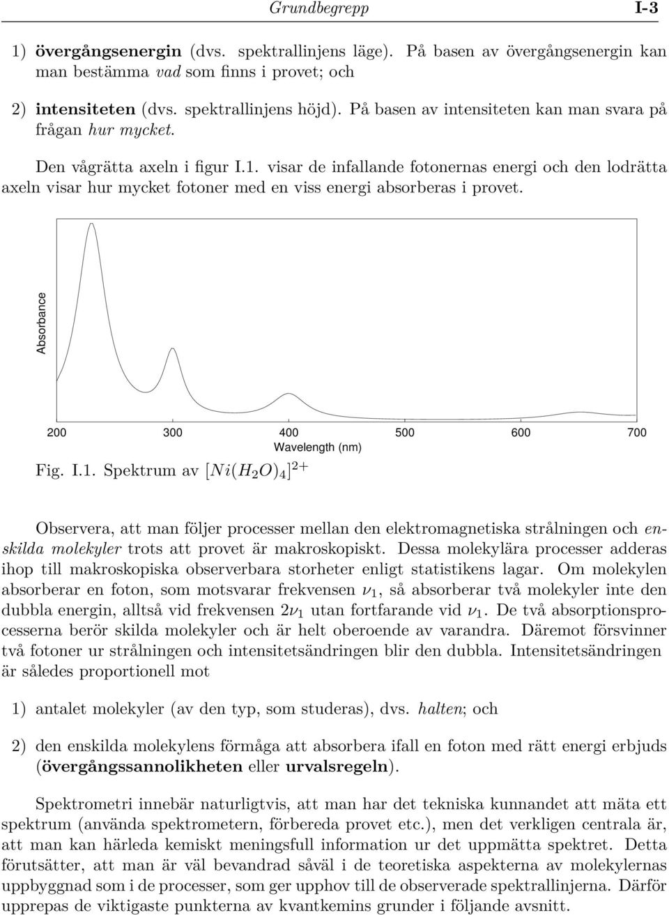 visar de infallande fotonernas energi och den lodrätta axeln visar hur mycket fotoner med en viss energi absorberas i provet. Absorbance 200 300 400 500 600 700 Wavelength (nm) Fig. I.1.