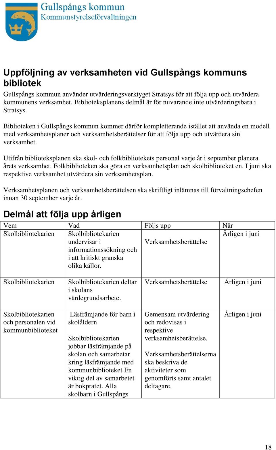 Biblioteken i Gullspångs kommun kommer därför kompletterande istället att använda en modell med verksamhetsplaner och verksamhetsberättelser för att följa upp och utvärdera sin verksamhet.
