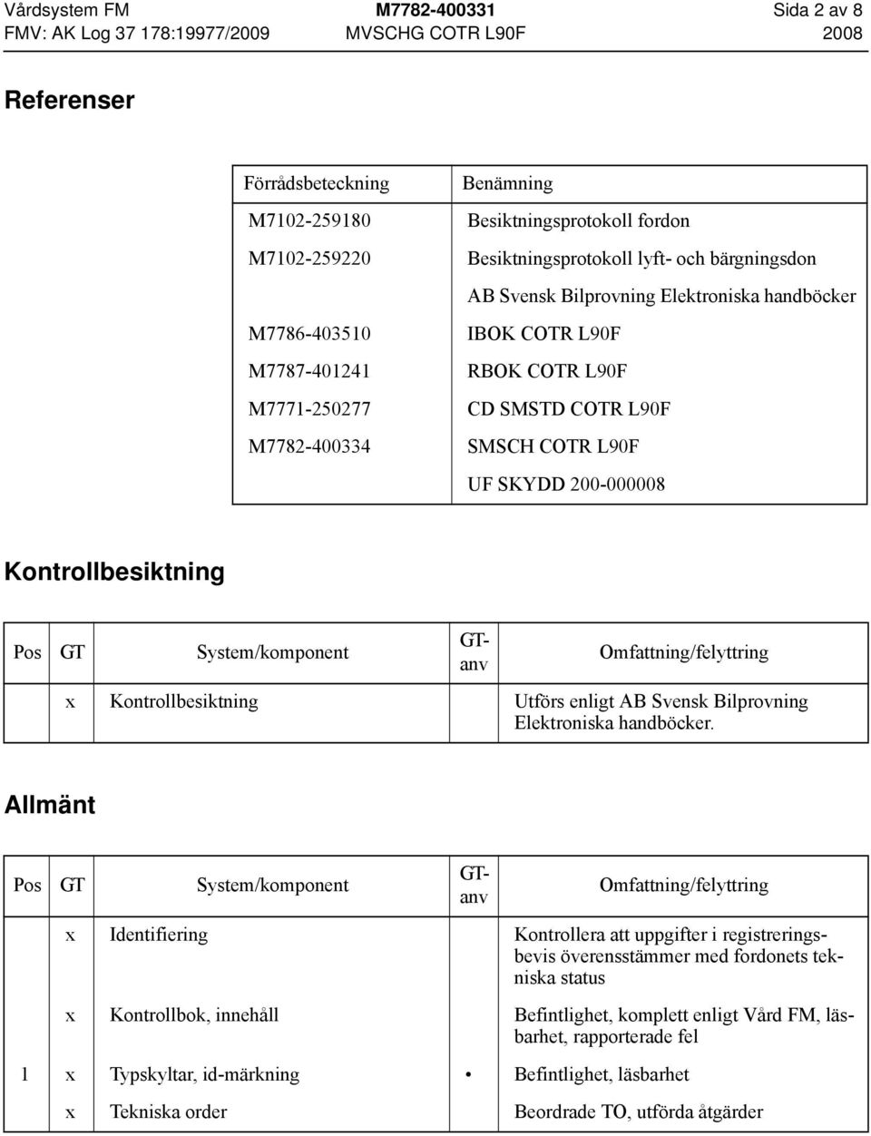 COTR L90F UF SKYDD 200-000008 Kontrollbesiktning Kontrollbesiktning Utförs enligt AB Svensk Bilprovning Elektroniska handböcker.