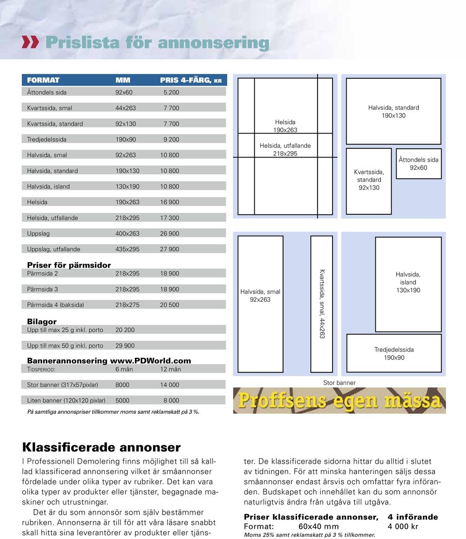 190x263 Helsida, utfallande 218x295 Halvsida, standard 190x130 Kvartssida, standard 92x130 Åttondels sida 92x60 Helsida 190x263 16 900 Helsida, utfallande 218x295 17 300 Uppslag 400x263 26 900