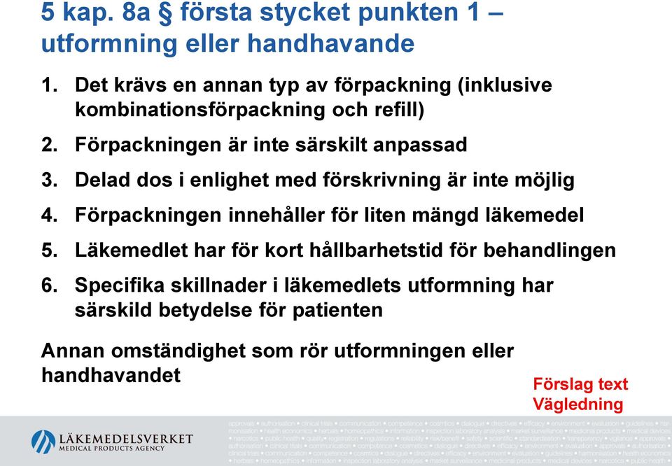 Delad dos i enlighet med förskrivning är inte möjlig 4. Förpackningen innehåller för liten mängd läkemedel 5.