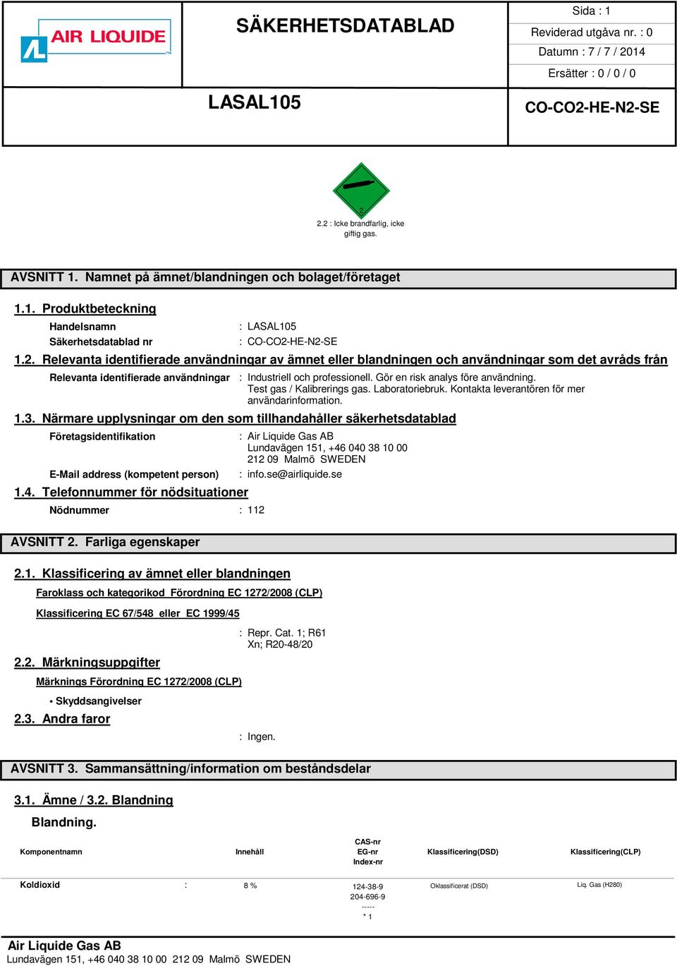 Närmare upplysningar om den som tillhandahåller säkerhetsdatablad Företagsidentifikation E-Mail address (kompetent person) 1.4. Telefonnummer för nödsituationer Nödnummer : 112 AVSNITT 2.