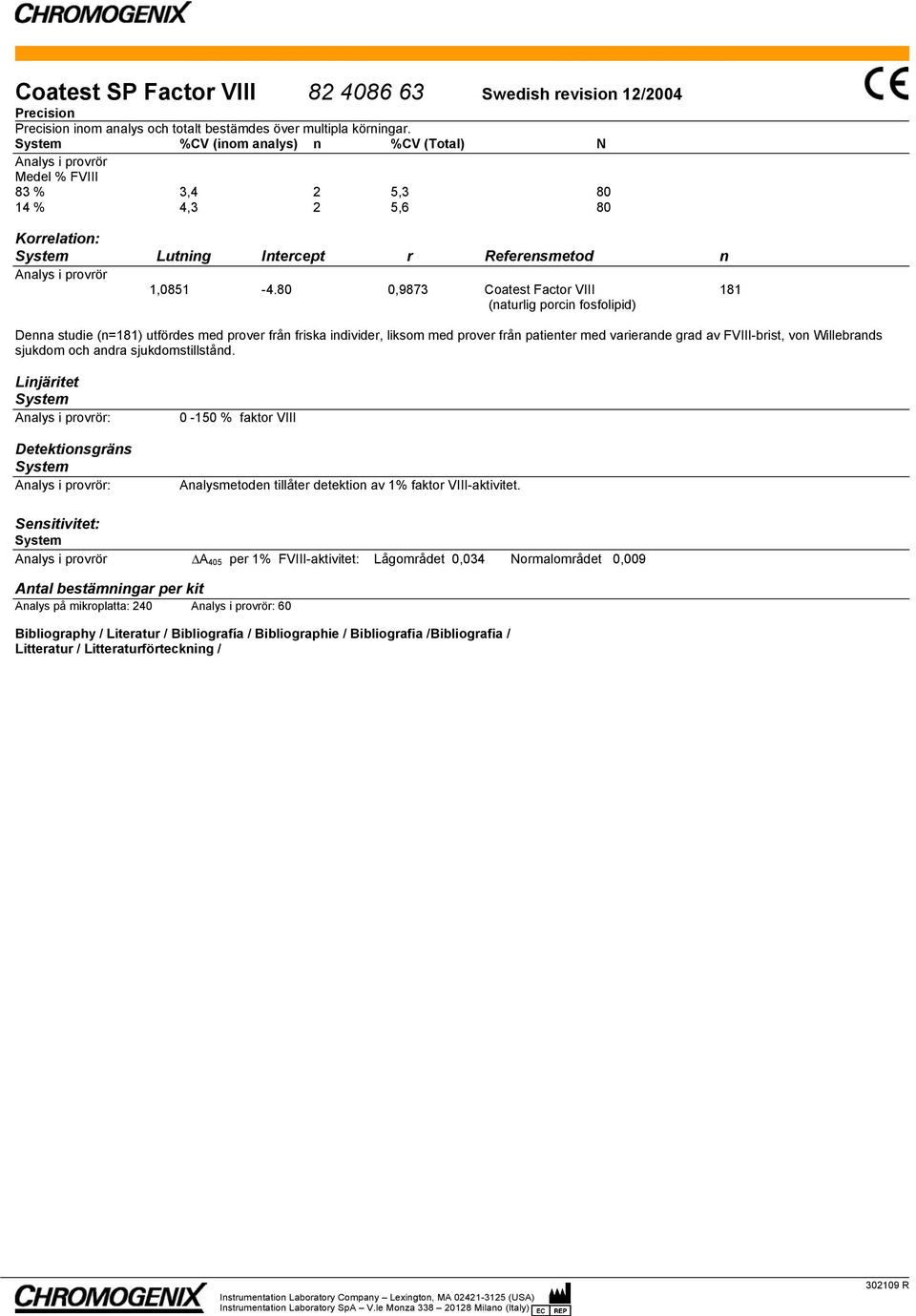 80 0,9873 Coatest Factor VIII 181 (naturlig porcin fosfolipid) Denna studie (n=181) utfördes med prover från friska individer, liksom med prover från patienter med varierande grad av FVIII-brist, von