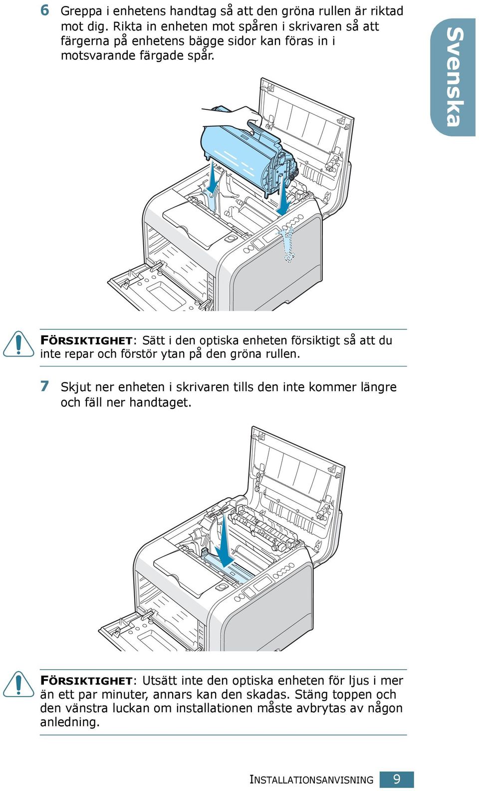 Svenska FÖRSIKTIGHET: Sätt i den optiska enheten försiktigt så att du inte repar och förstör ytan på den gröna rullen.