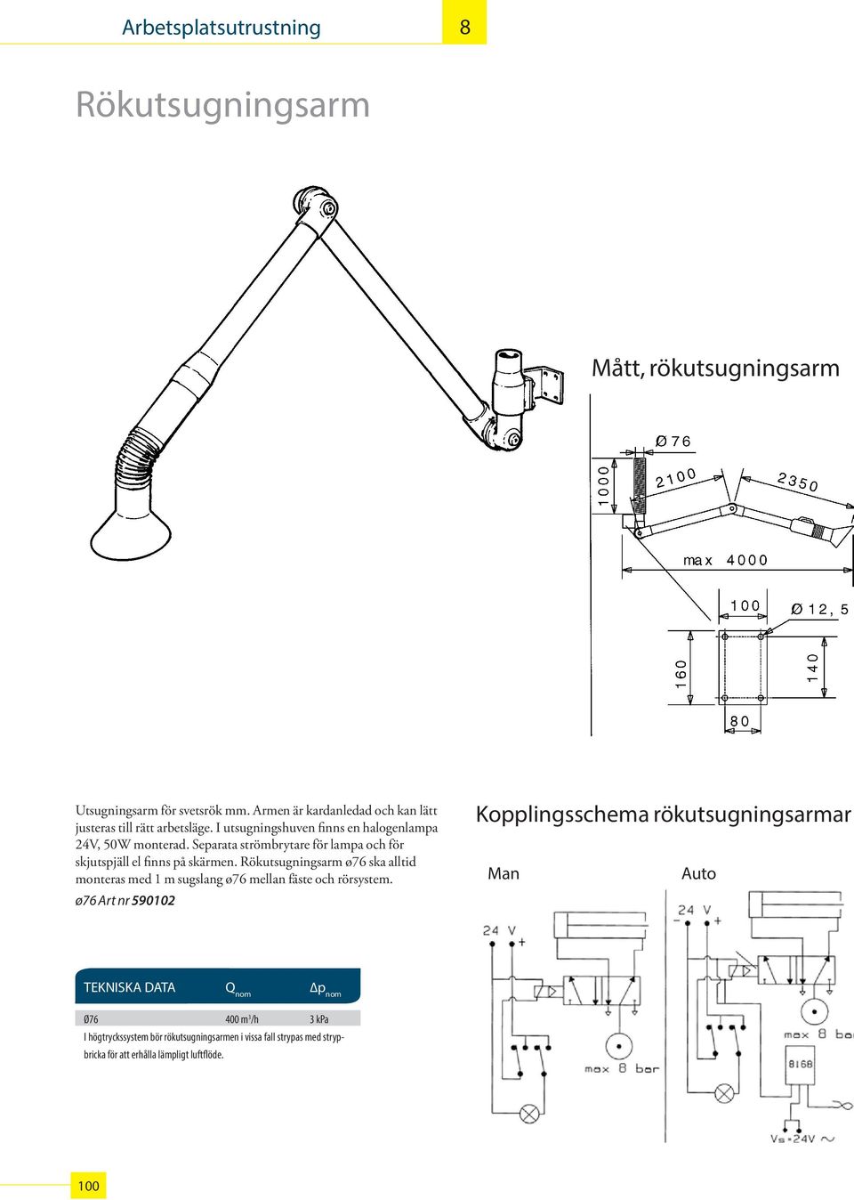 Rökutsugningsarm ø76 ska alltid monteras med 1 m sugslang ø76 mellan fäste och rörsystem.