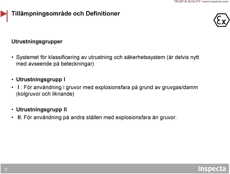 Utrustningsgrupp I I : För användning i gruvor med explosionsfara på grund av gruvgas/damm