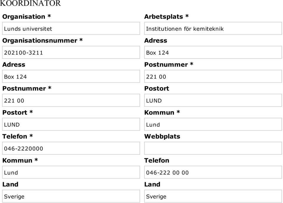 Lund Land Sverige Arbetsplats * Institutionen för kemiteknik Adress Box 124