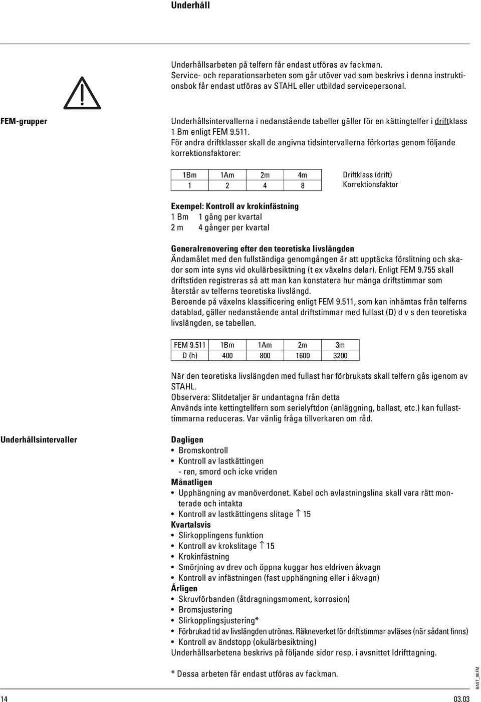 FEMgrupper Underhållsintervallerna i nedanstående tabeller gäller för en kättingtelfer i driftklass 1 Bm enligt FEM 9.511.