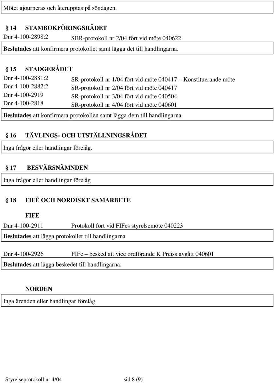 möte 040504 Dnr 4-100-2818 SR-protokoll nr 4/04 fört vid möte 040601 Beslutades att konfirmera protokollen samt lägga dem till handlingarna.