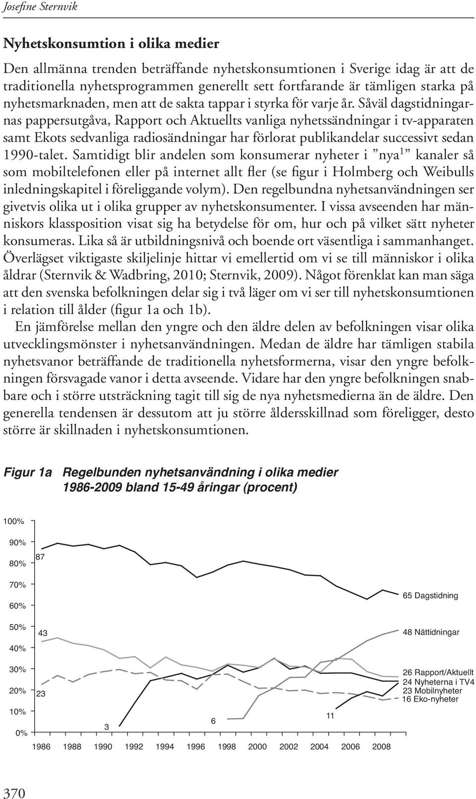 Såväl dagstidningarnas pappersutgåva, Rapport och Aktuellts vanliga nyhetssändningar i tv-apparaten samt Ekots sedvanliga radiosändningar har förlorat publikandelar successivt sedan 1990-talet.