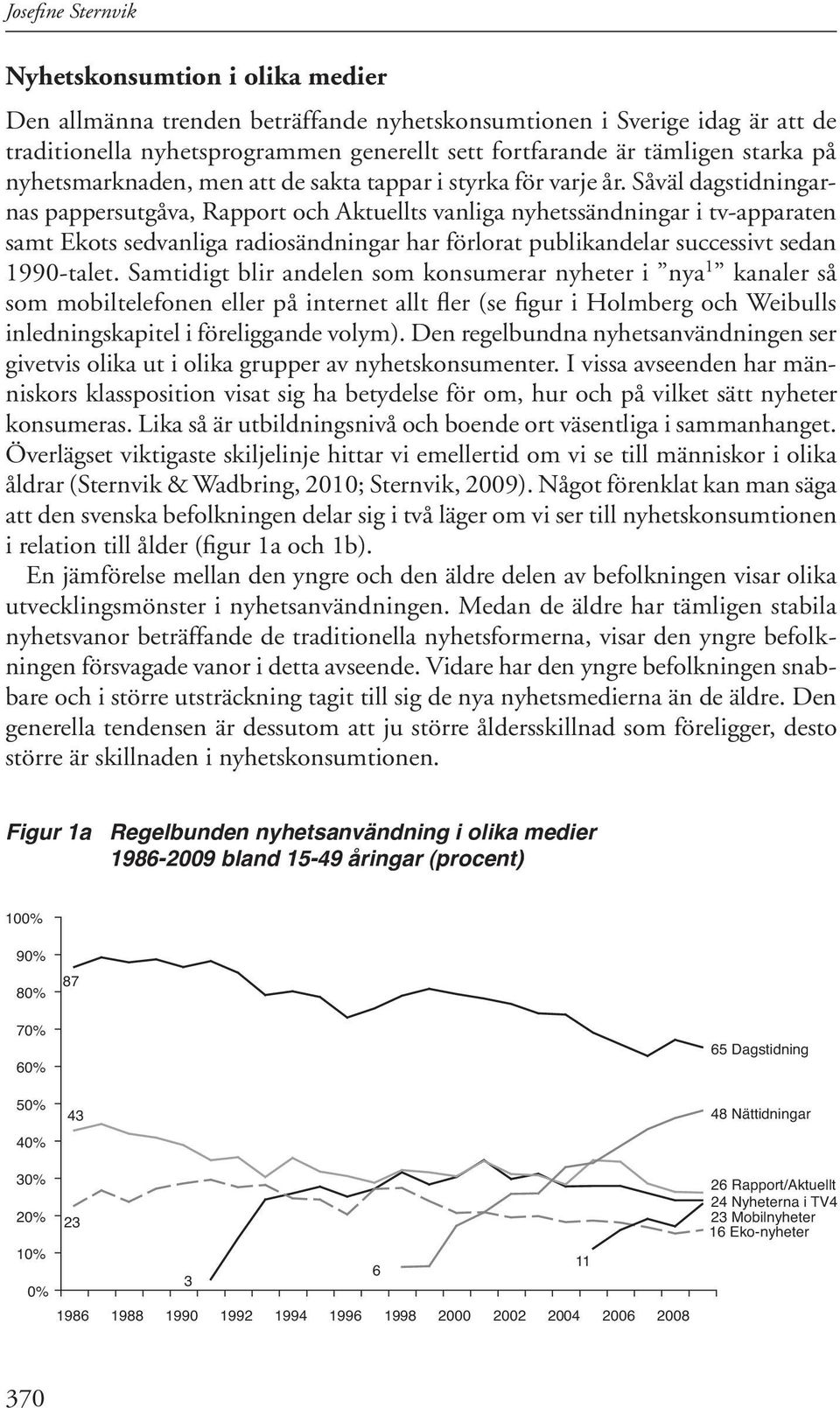 Såväl dagstidningarnas pappersutgåva, Rapport och Aktuellts vanliga nyhetssändningar i tv-apparaten samt Ekots sedvanliga radiosändningar har förlorat publikandelar successivt sedan 1990-talet.