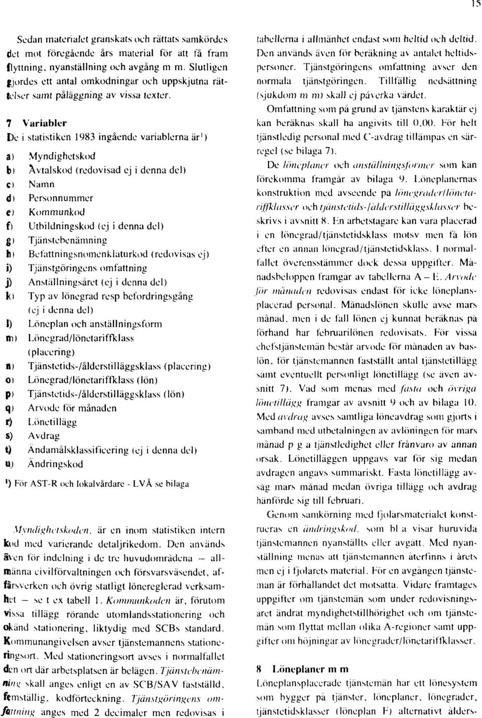 7 Variabler De i statistiken 1983 ingående variablerna är') a) Myndighetskod b) Avtalskod (redovisad ej i denna del) C) Namn d Personnummer e) Kommunkod f) Utbildningskod (ej i denna del) g)