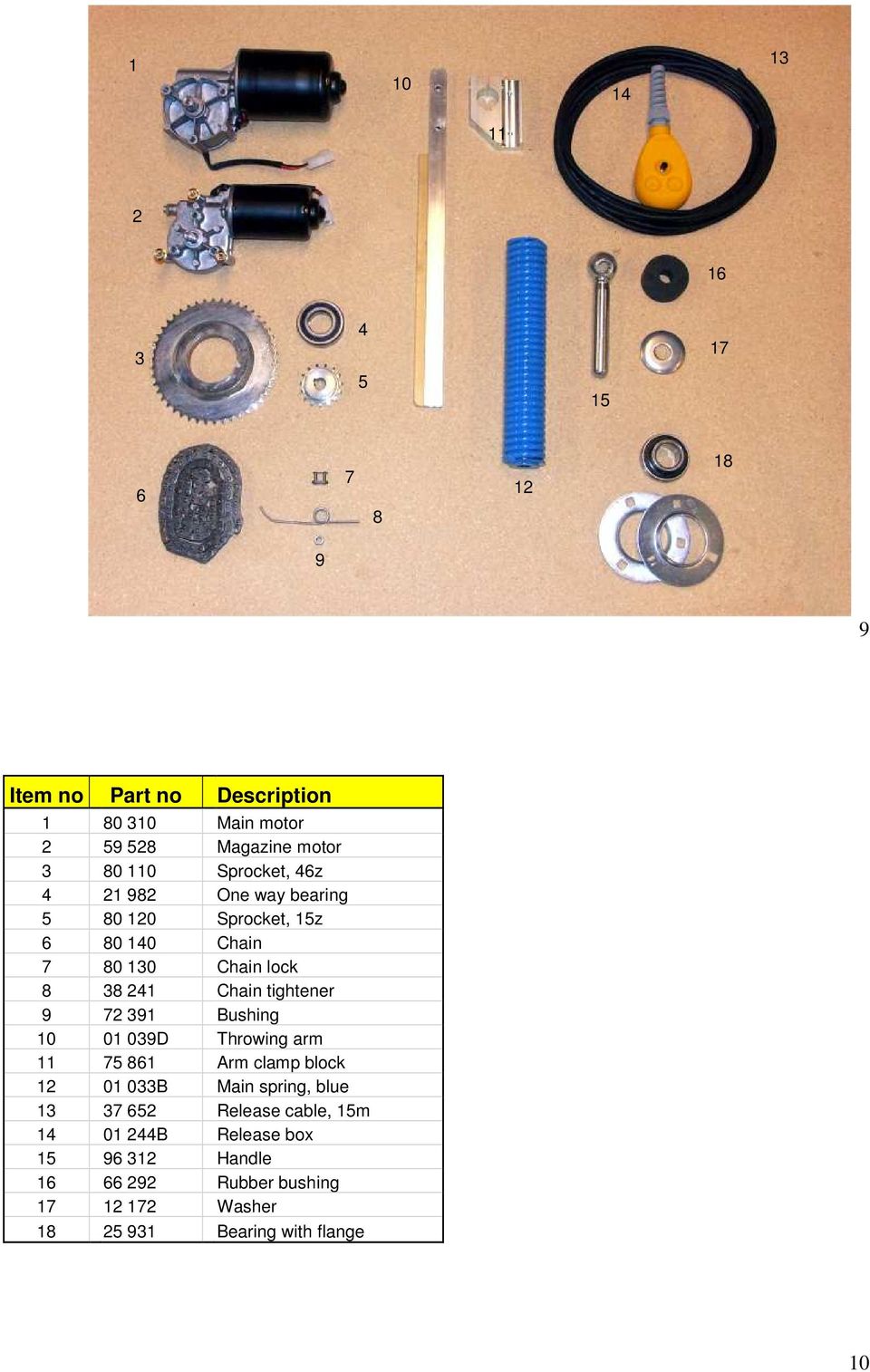 tightener 9 72 391 Bushing 10 01 039D Throwing arm 11 75 861 Arm clamp block 12 01 033B Main spring, blue 13 37 652