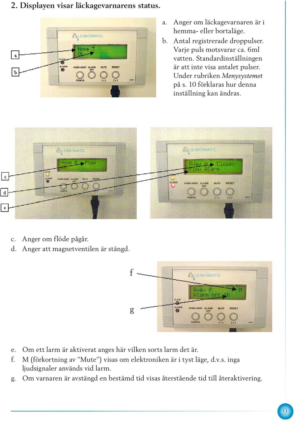 Anger om flöde pågår. d. Anger att magnetventilen är stängd. f g e. Om ett larm är aktiverat anges här vilken sorts larm det är. f. M (förkortning av Mute ) visas om elektroniken är i tyst läge, d.