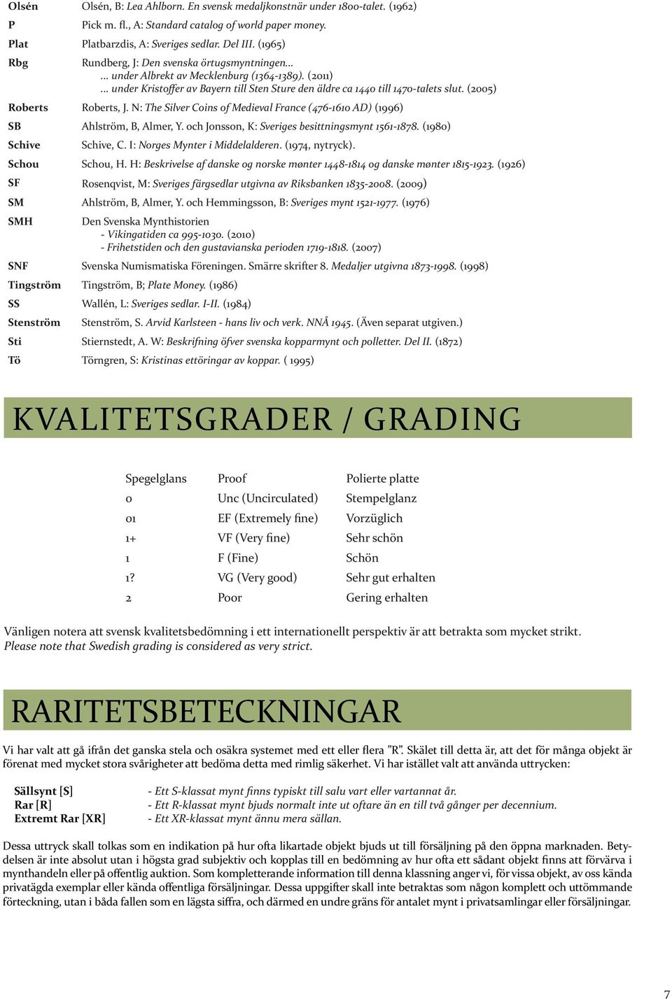 (2005) Roberts Roberts, J. N: The Silver Coins of Medieval France (476-1610 AD) (1996) SB Ahlström, B, Almer, Y. och Jonsson, K: Sveriges besittningsmynt 1561-1878. (1980) Schive Schive, C.