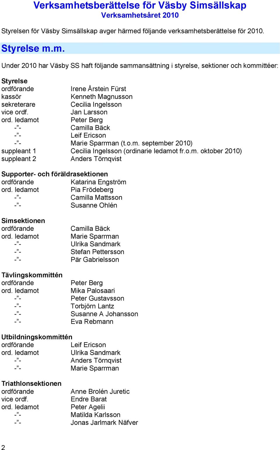 o.m. oktober 2010) suppleant 2 Anders Törnqvist Supporter- och föräldrasektionen ordförande Katarina Engström ord.