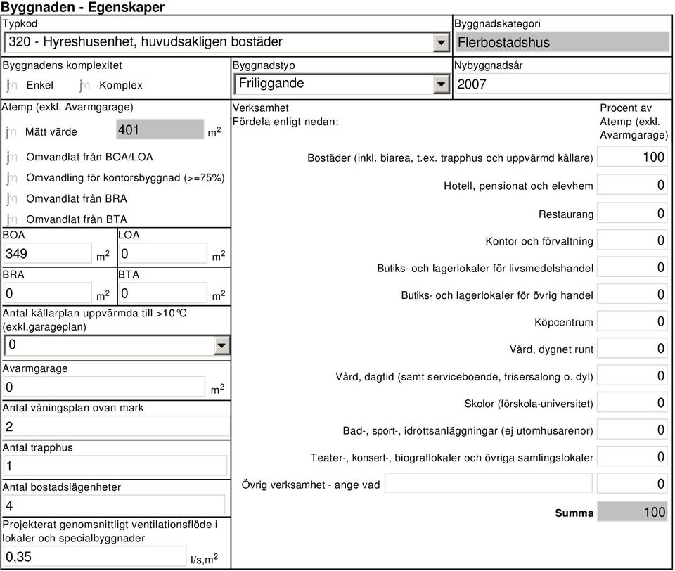 garageplan) Avarmgarage Antal våningsplan ovan mark 2 Antal trapphus 1 Antal bostadslägenheter 4 Projekterat genomsnittligt ventilationsflöde i lokaler och specialbyggnader,35 l/s, Verksamhet Fördela