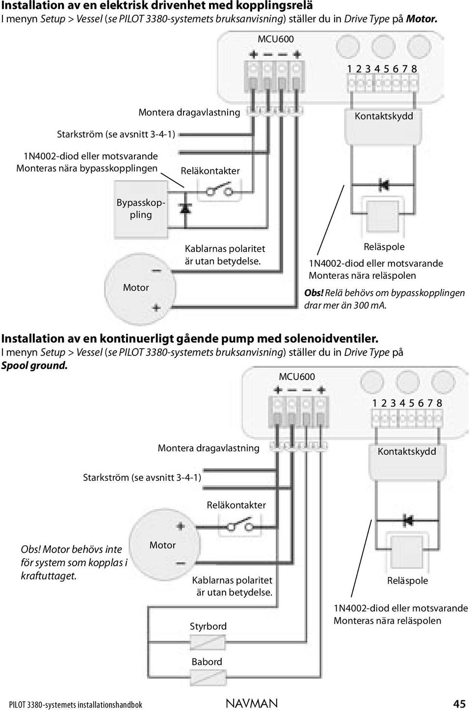 betydelse. Reläspole 1N4002-diod eller motsvarande Monteras nära reläspolen Obs! Relä behövs om bypasskopplingen drar mer än 300 ma. Installation av en kontinuerligt gående pump med solenoidventiler.