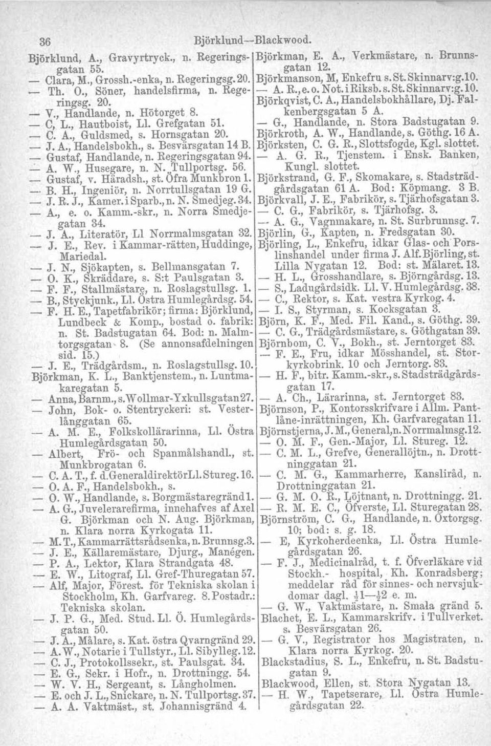 _ C, L., Hautboist, L1, Grefgatan 51. G., Handlande, n. Stora Badstugatan 9. _ C. A., Guldsmed, s. Hornsgatan 20. Björkroth, A. W., Handlande, s. Göthg. 16 A. _ J. A., Handelsbokh., s. Besvärsgatan 14 B.