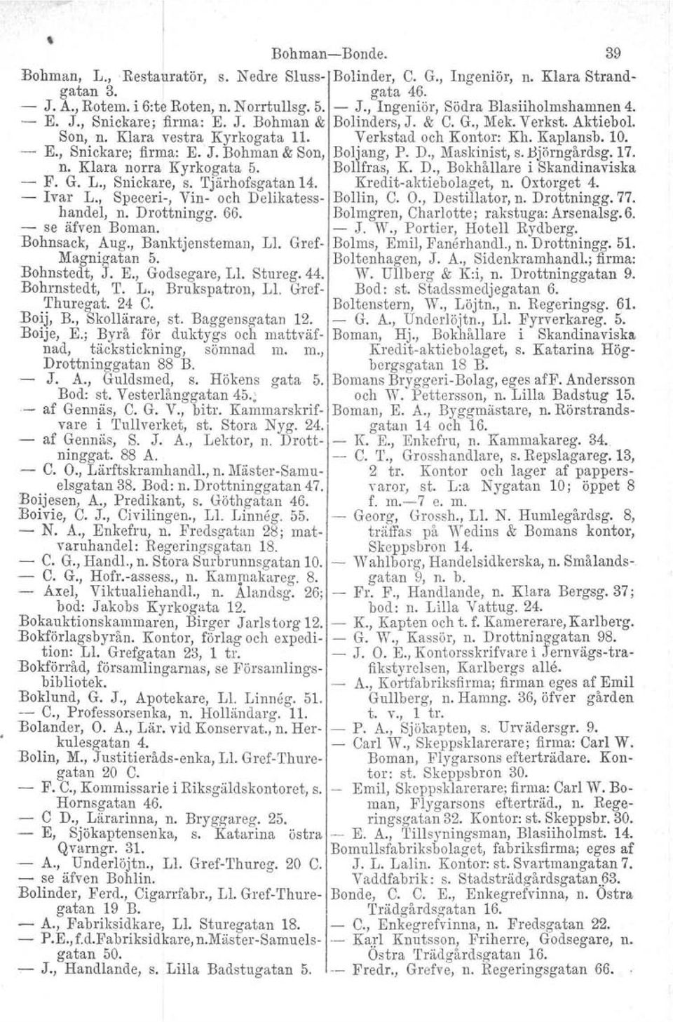 , Godsegare, 1.1. Stureg.44. Bohrnstedt, T. L., Brukspatron, 1,1. Gref Thuregat. 24 C. Boij, B., Skollärare, st. Baggensgatan 12. Boije, K; Byrå för duktygs och mattväfnad, täcks tickning, sömnad m.