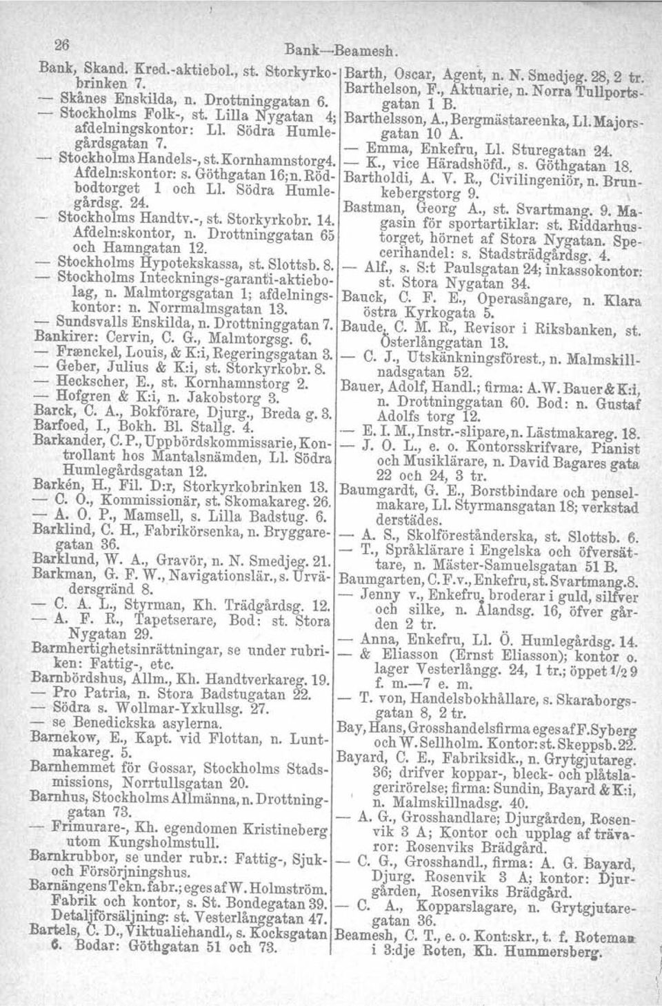 StockholmaHandels, st. Kornhamnstorg4. K, vice Häradshöfd., s. Göthgatan 18. Afdeln:skontor: S. Göthgatan 16;n.Röd Bartholdi, A. V. R., Civilingeniör, n. Brunbodtorget 1 och LI.