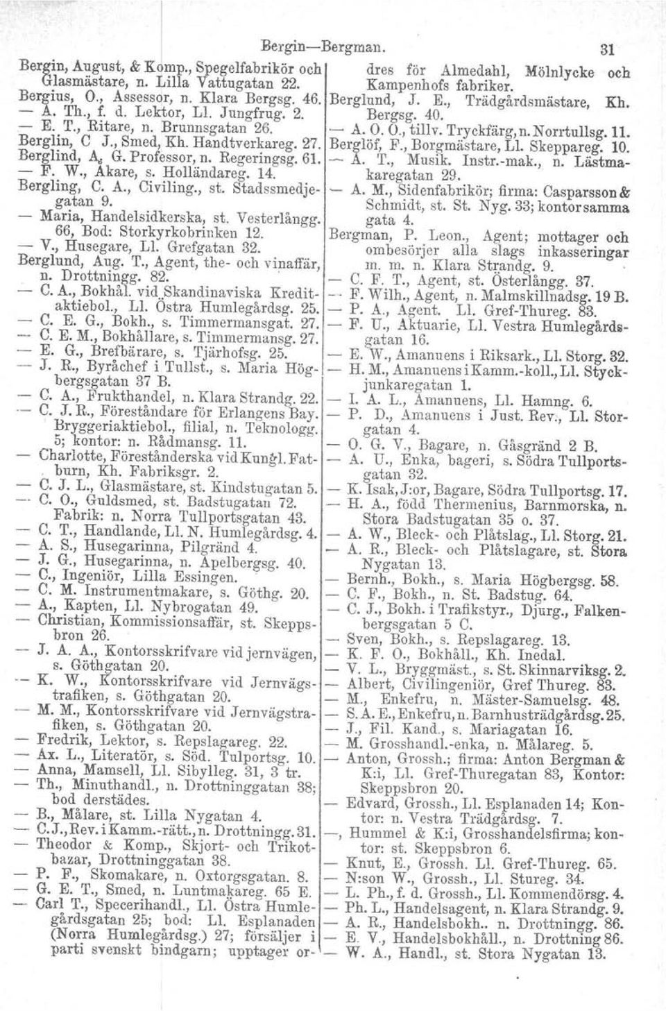 Handtverkareg. 27. Berglöf, F., Borgmästare, Ll. Skeppareg. 10. Berglind, A" G. Professor, n. Regeringsg.61. A. T., Musik. Instr.mak., n. Lästma F. W., Akare, s. Holländareg. 14. karegatan 29.